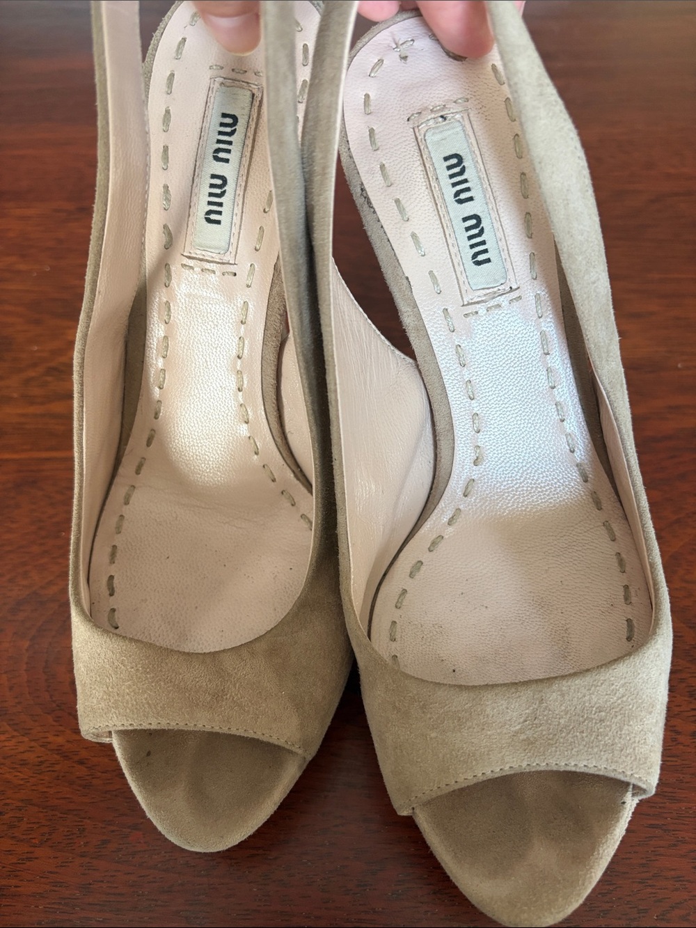 Miu Miu Cream Suede Peep-Toe Slingback Heels